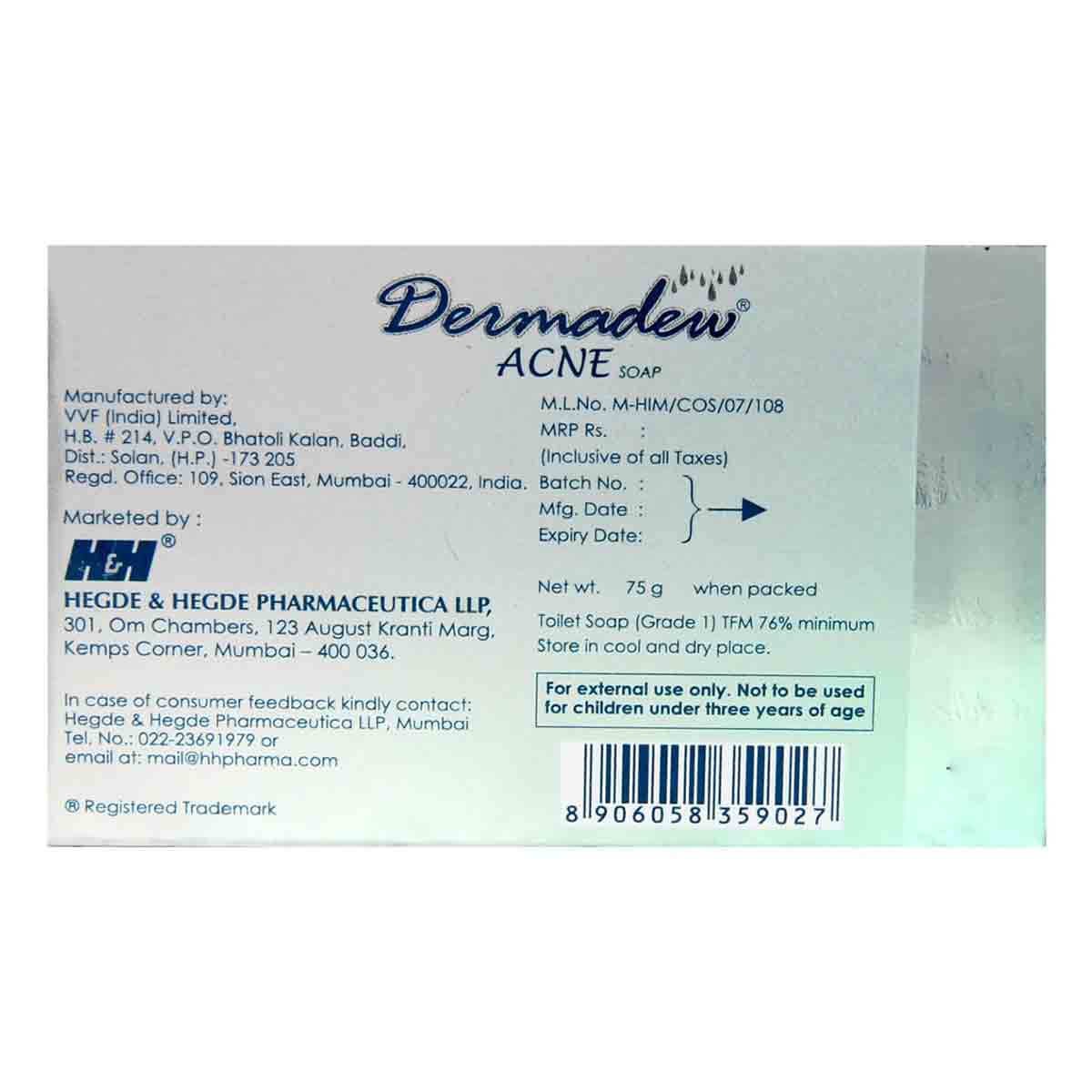 Dermadew Acne Soap 75 gm | Treat & Prevent Acne | Gives Soft, Smooth & Fresh Skin, Pack of 1 Dermadew Acne Soap 75 gm | Treat & Prevent Acne | Gives Soft, Smooth & Fresh Skin, Pack of 1