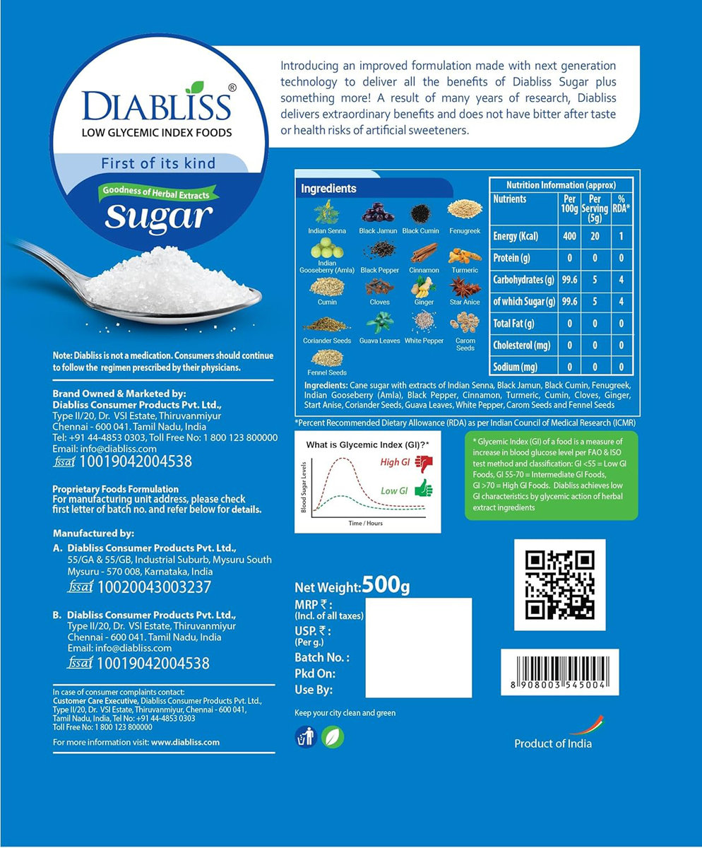 Diabliss Diabetic Friendly Cane Sugar, 500 gm, Pack of 1 Diabliss Diabetic Friendly Cane Sugar, 500 gm, Pack of 1