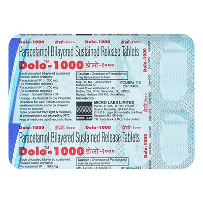 Dolo 1000 mg Tablet 10's, Pack of 10 IndiaS