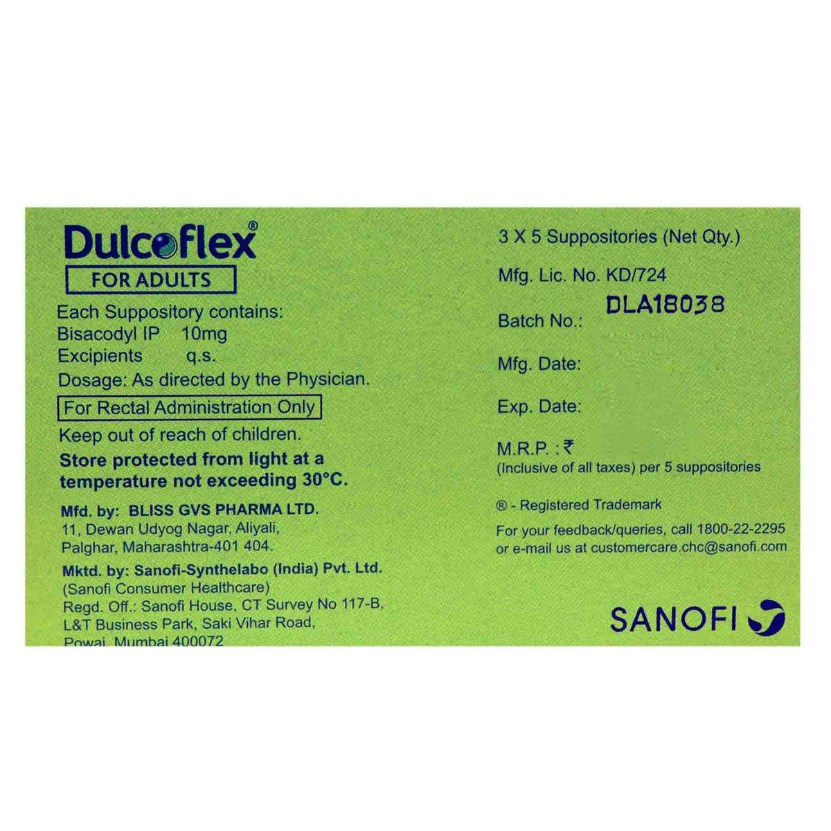Dulcoflex 10 mg Adults Suppositories 5's, Pack of 5 SUPPOSITORYS Dulcoflex 10 mg Adults Suppositories 5's, Pack of 5 SUPPOSITORYS