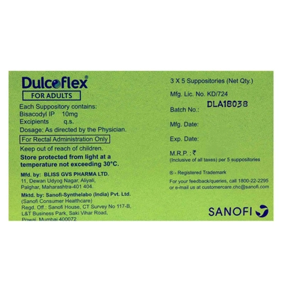 Dulcoflex 10 mg Adults Suppositories 5's, Pack of 5 SUPPOSITORYS