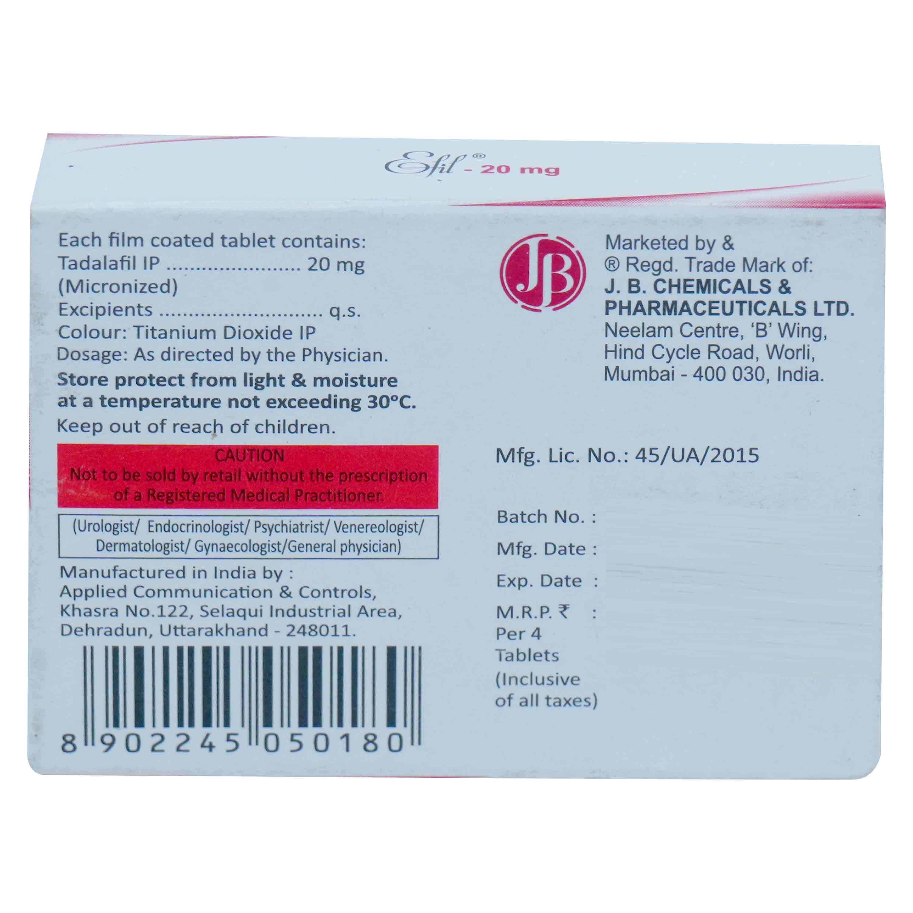 Efil-20 mg Tablet 4's, Pack of 4 TabletS Efil-20 mg Tablet 4's, Pack of 4 TabletS