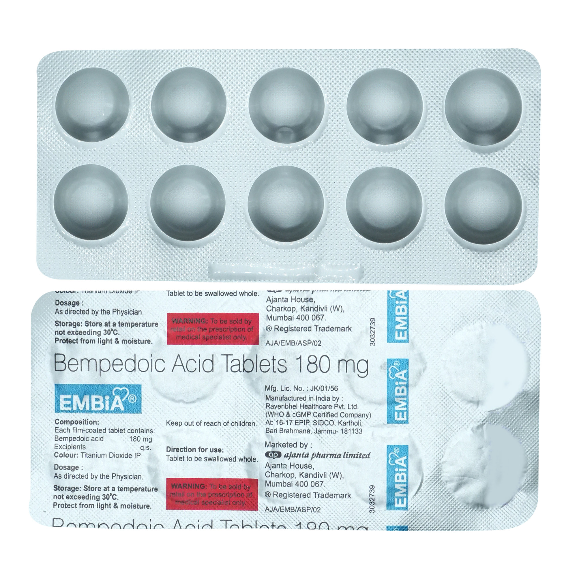 Embia 180 mg Tablet 10's, Pack of 10 TabletS Embia 180 mg Tablet 10's, Pack of 10 TabletS