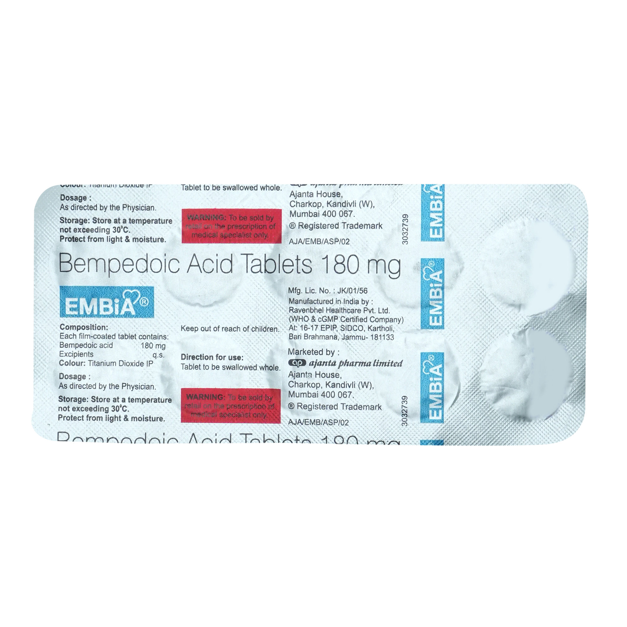 Embia 180 mg Tablet 10's, Pack of 10 TabletS Embia 180 mg Tablet 10's, Pack of 10 TabletS