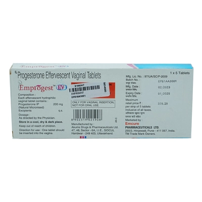 Emprogest EV 200 Tablet 5's, Pack of 5 TABLETS