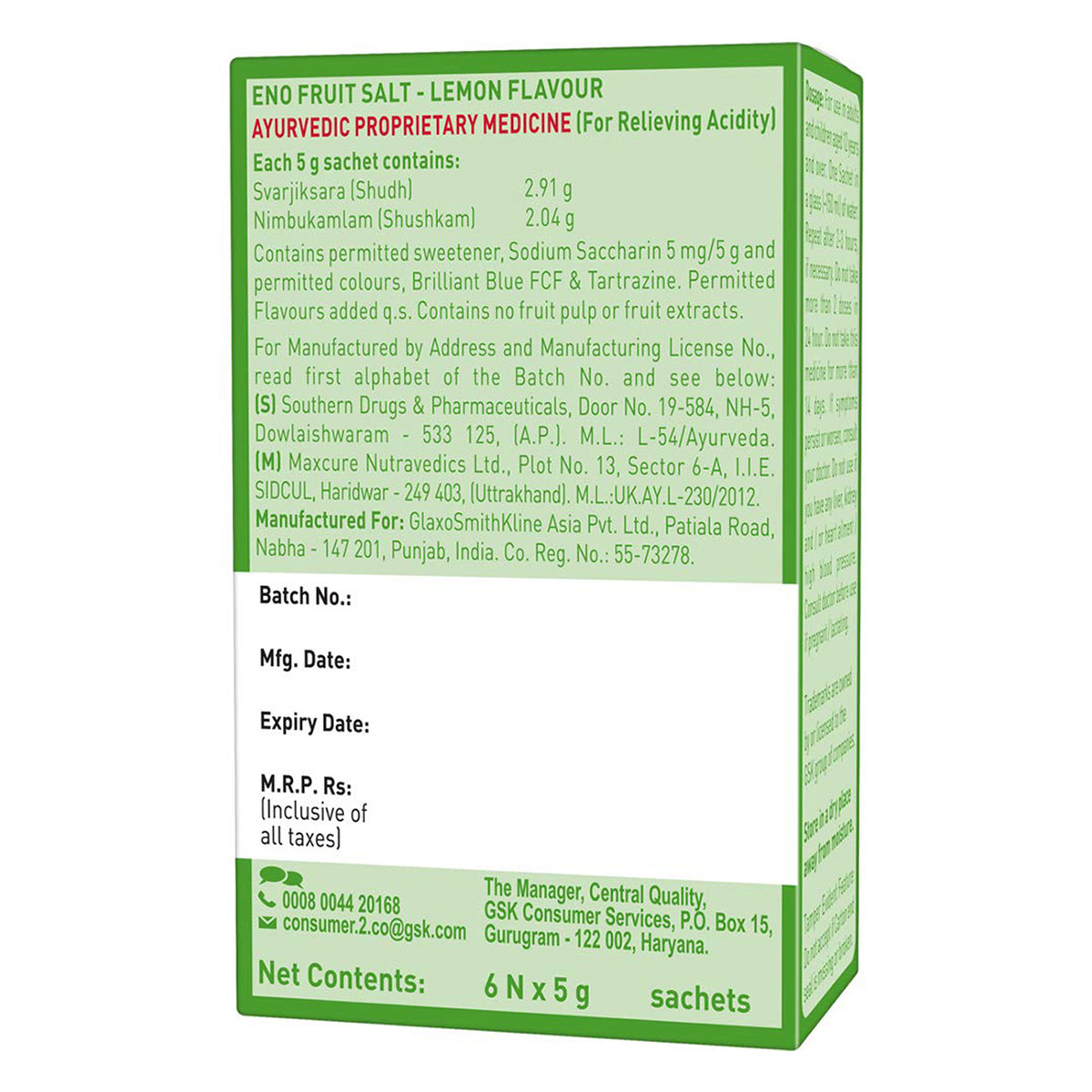 ENO Fruit Salt Lemon Flavour Powder, 30 gm (6 sachets x 5 gm), Pack of 1 ENO Fruit Salt Lemon Flavour Powder, 30 gm (6 sachets x 5 gm), Pack of 1