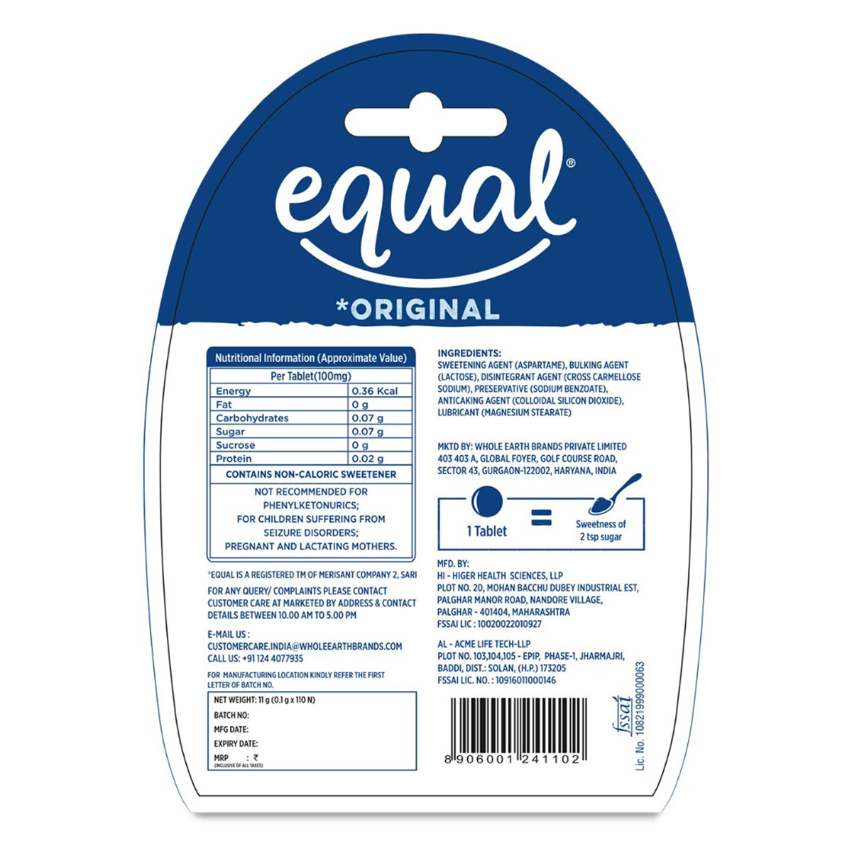 Equal Original Low Calorie Sweetener, 100 Tablets (Free 10 Tablets), Pack of 1 Equal Original Low Calorie Sweetener, 100 Tablets (Free 10 Tablets), Pack of 1