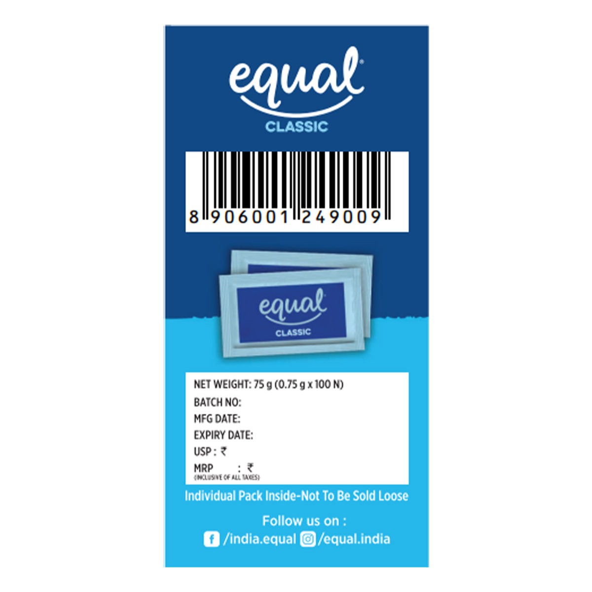 Equal Classic Zero Calorie Sweetener, 100 Sachets, Pack of 1 Equal Classic Zero Calorie Sweetener, 100 Sachets, Pack of 1