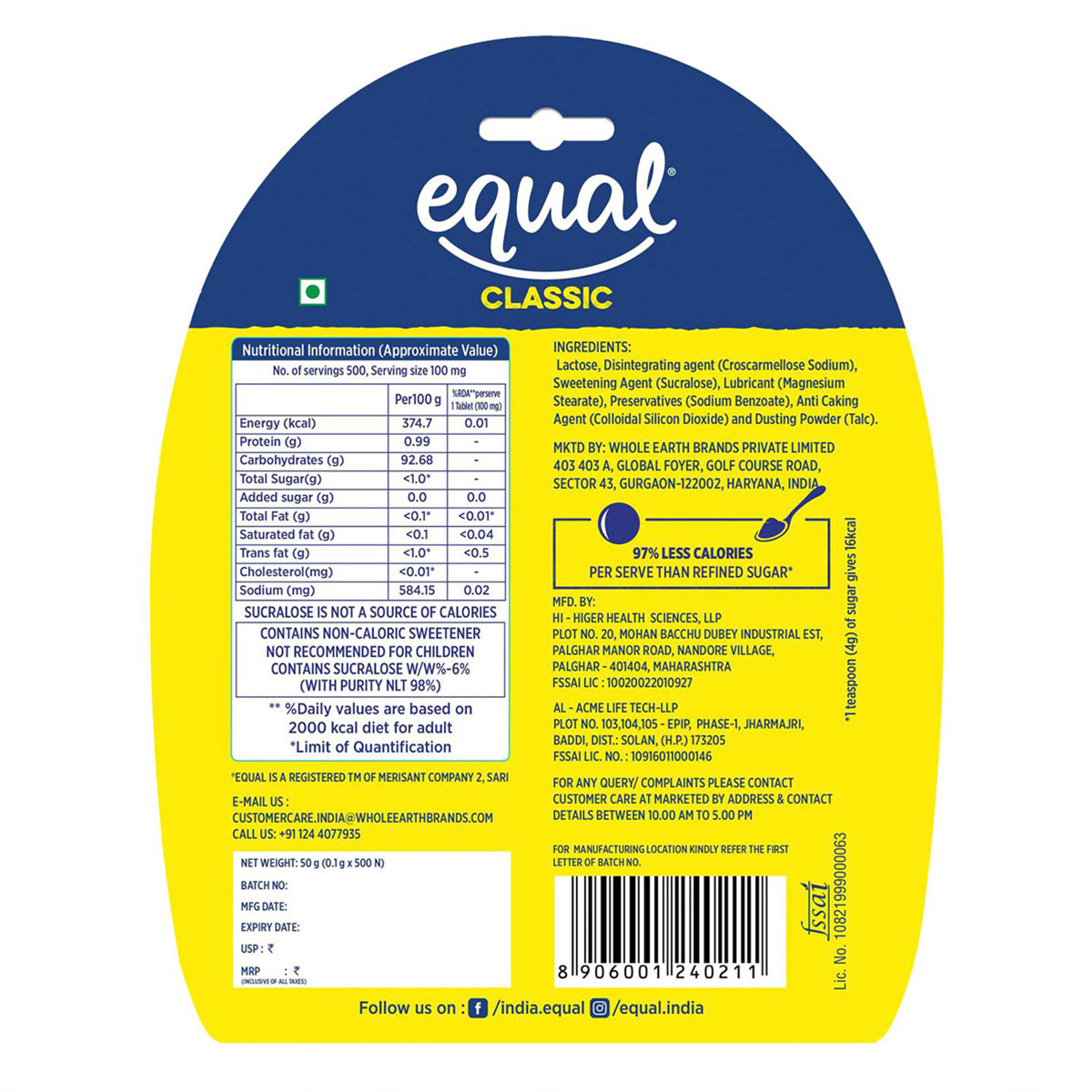 Equal Classic Zero Calorie Sweetener, 500 Tablets, Pack of 1 Equal Classic Zero Calorie Sweetener, 500 Tablets, Pack of 1