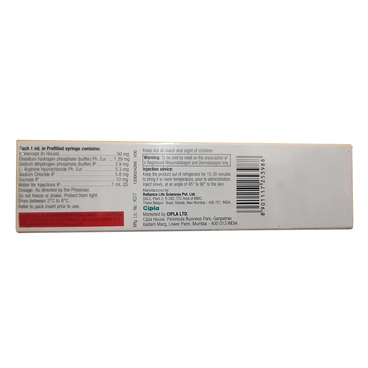 Etacept Pfs 50 mg Injection 1 ml, Pack of 1 INJECTION Etacept Pfs 50 mg Injection 1 ml, Pack of 1 INJECTION