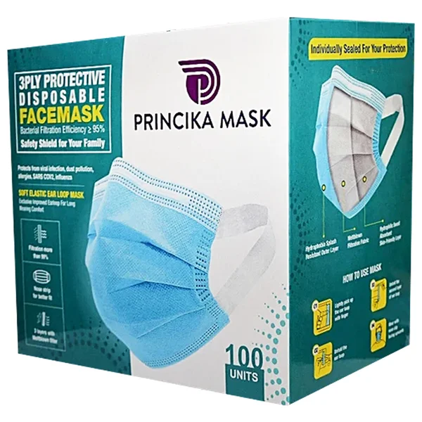 Face Mask 3Ply Protective Disposable 100'S (Princika), Pack of 100