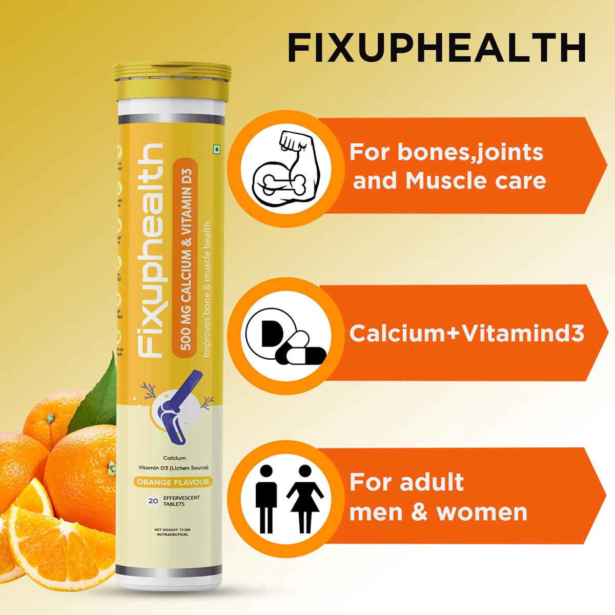 Fixuphealth 500mg Calcium &Vitamin D3 Orange Flavour, 20 Effervescent Tablets, Pack of 1 Fixuphealth 500mg Calcium &Vitamin D3 Orange Flavour, 20 Effervescent Tablets, Pack of 1