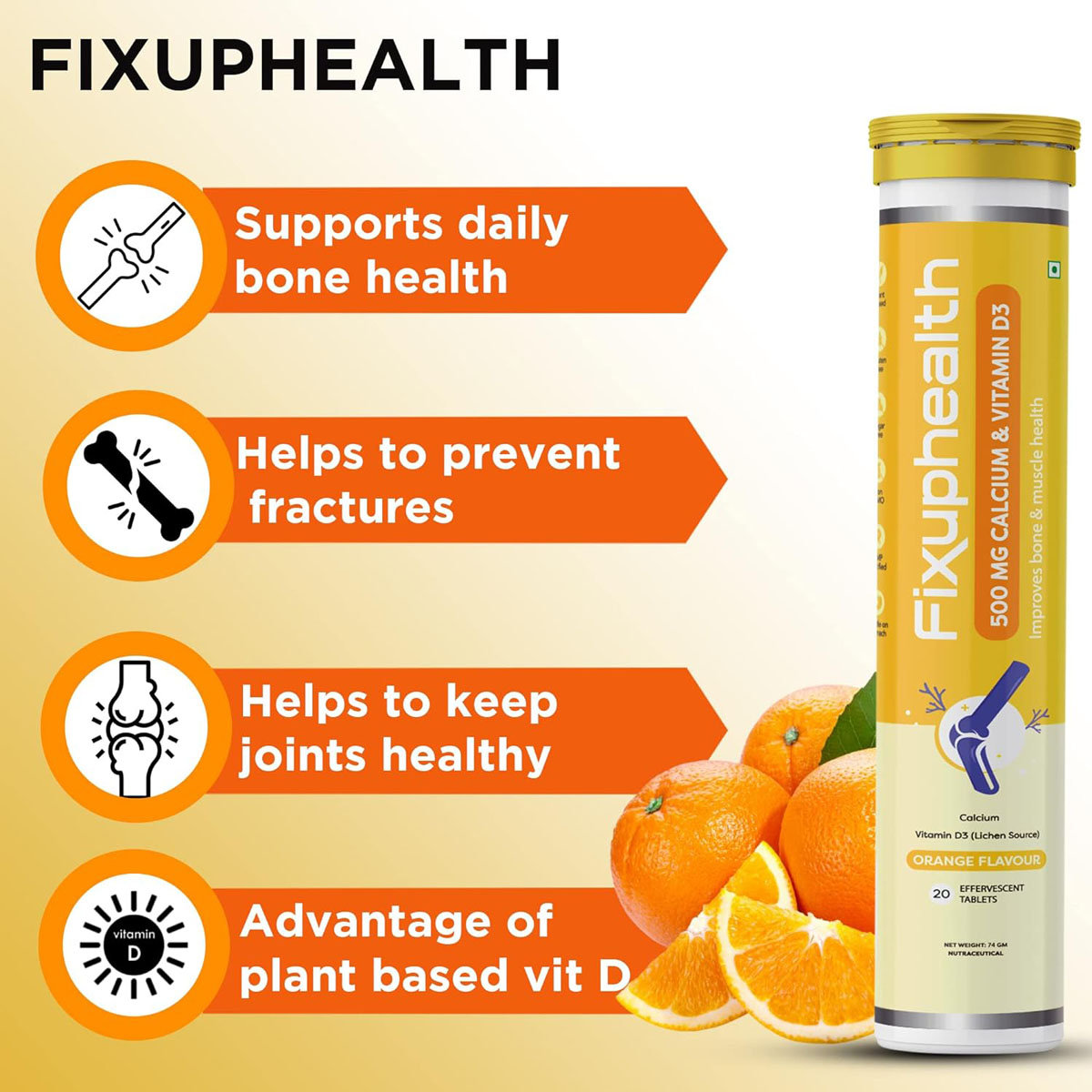Fixuphealth 500mg Calcium &Vitamin D3 Orange Flavour, 20 Effervescent Tablets, Pack of 1 Fixuphealth 500mg Calcium &Vitamin D3 Orange Flavour, 20 Effervescent Tablets, Pack of 1