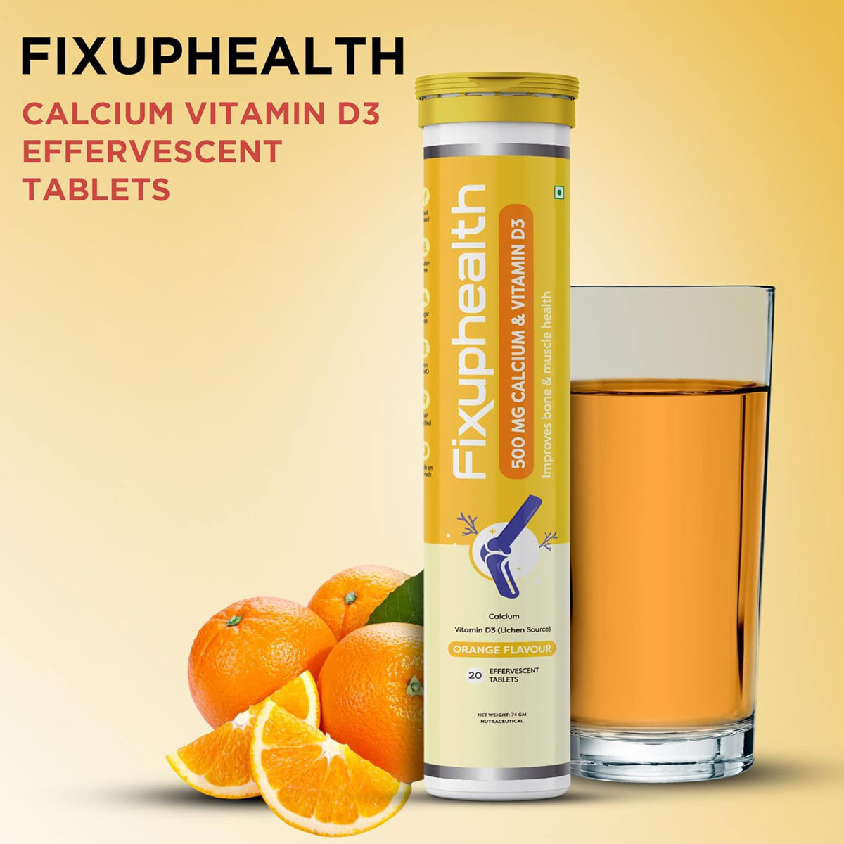 Fixuphealth 500mg Calcium &Vitamin D3 Orange Flavour, 20 Effervescent Tablets, Pack of 1 Fixuphealth 500mg Calcium &Vitamin D3 Orange Flavour, 20 Effervescent Tablets, Pack of 1