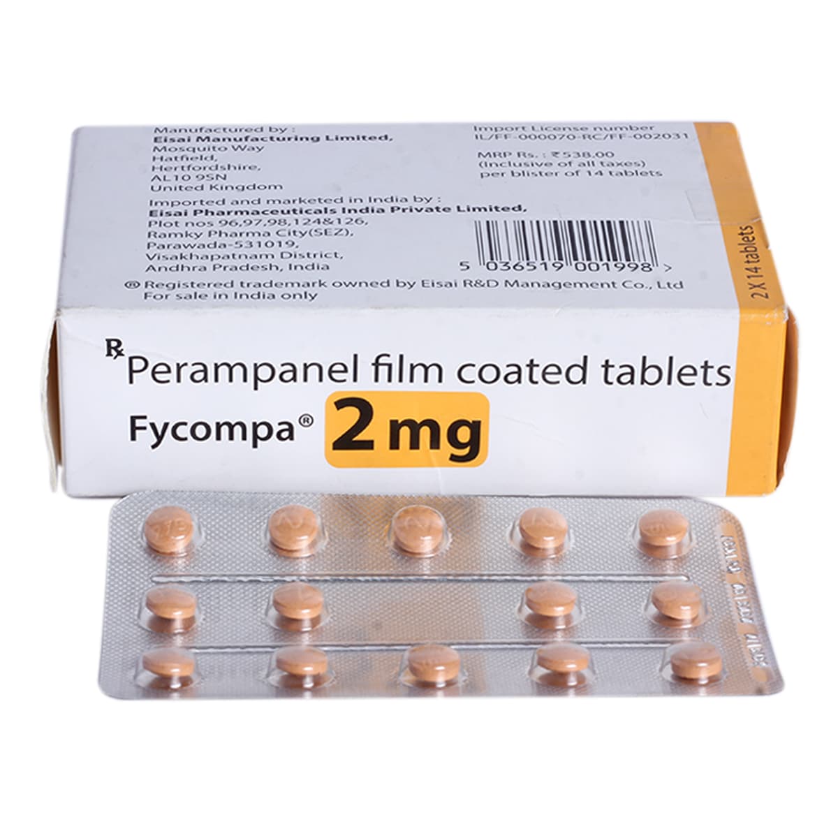 Fycompa 2 mg Tablet 14's, Pack of 14 TABLETS Fycompa 2 mg Tablet 14's, Pack of 14 TABLETS