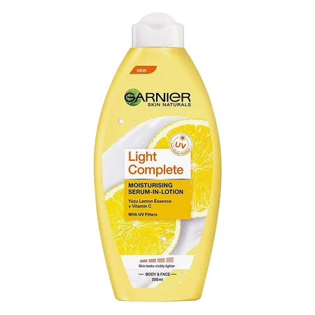 Garnier Light Complete Moisturising Serum-In-Lotion 250 ml | Yuzu Lemon Extract & Vitamin C | With Uv Filters | Moisturises & Brightens Skin | For Face & Body