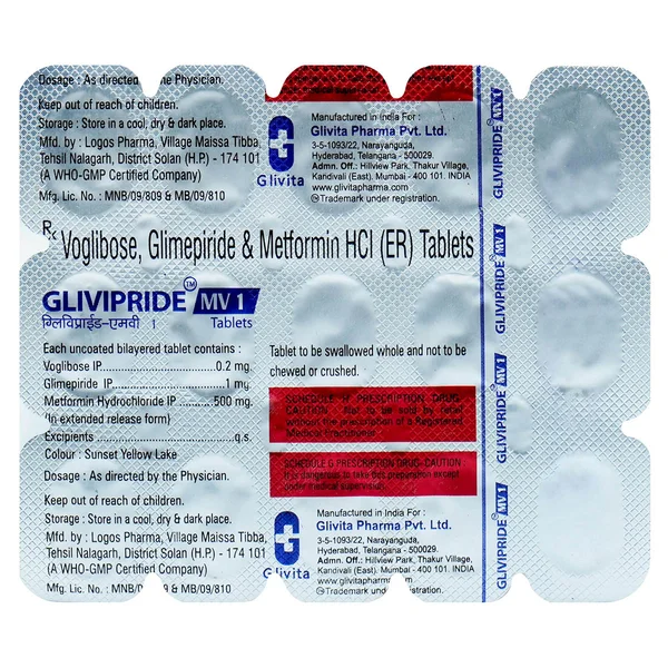 Glivipride MV 1 Tablet 15's, Pack of 15 TABLETS