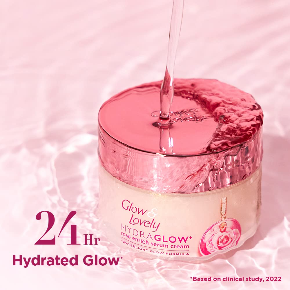 Glow & Lovely Hydra Glow+ Rose Enrich Serum Cream 25 gm | WaterLight Glow Formula | 24Hr Hydration | 2X Brightening Power, Pack of 1 Glow & Lovely Hydra Glow+ Rose Enrich Serum Cream 25 gm | WaterLight Glow Formula | 24Hr Hydration | 2X Brightening Power, Pack of 1