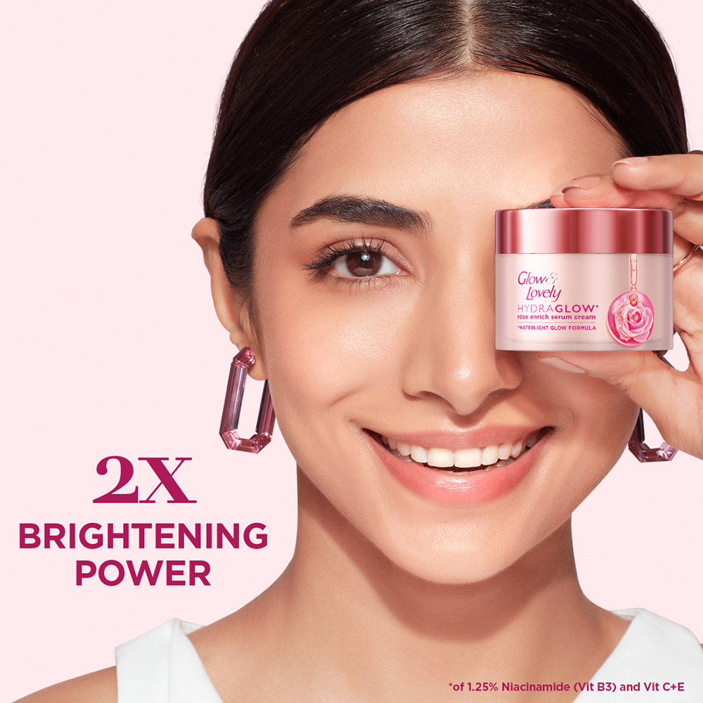 Glow & Lovely Hydra Glow+ Rose Enrich Serum Cream 50 gm | WaterLight Glow Formula | 24Hr Hydration | 2X Brightening Power, Pack of 1 Glow & Lovely Hydra Glow+ Rose Enrich Serum Cream 50 gm | WaterLight Glow Formula | 24Hr Hydration | 2X Brightening Power, Pack of 1