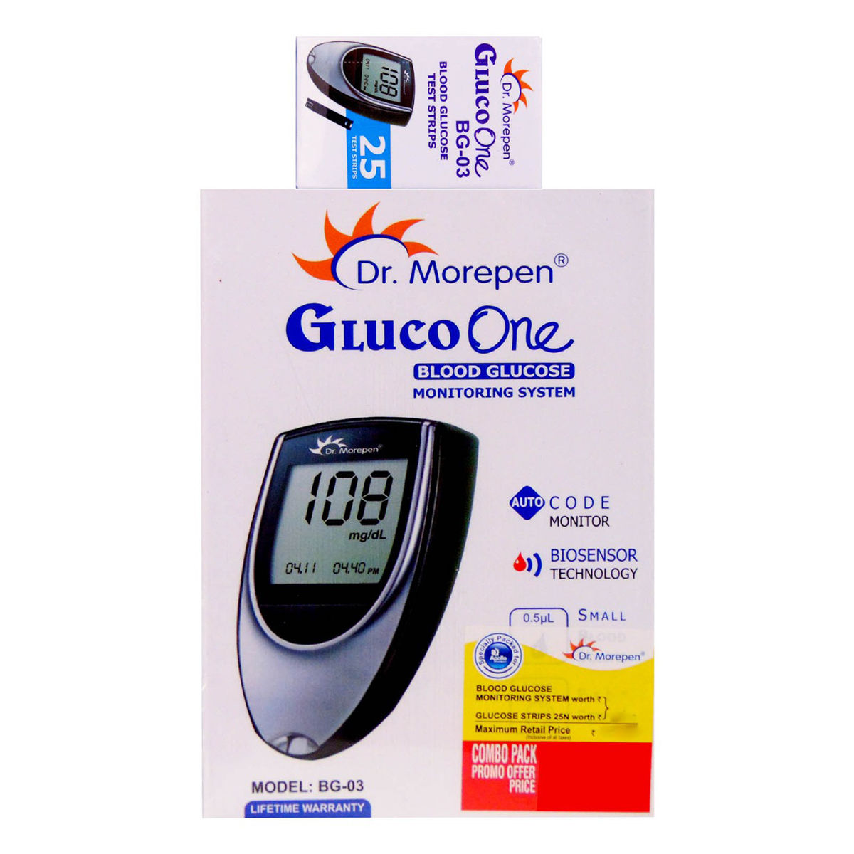Buy Dr. Morepen Gluco One Blood Glucose Monitoring System BG-03, With 25 Free Test Strips, 1 kit Online
