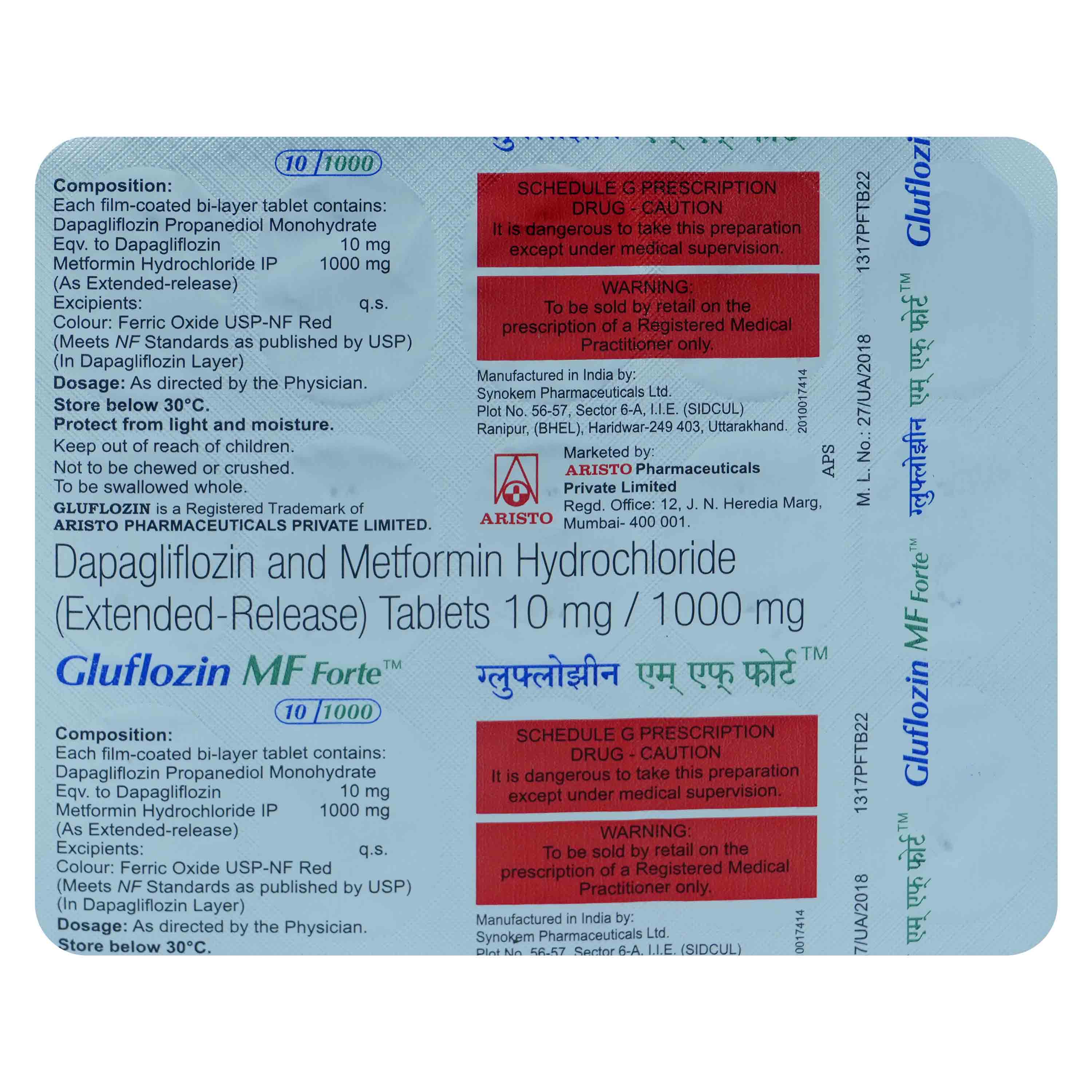Gluflozin MF Forte 10 mg/1000 mg Tablet 15's, Pack of 15 TabletS Gluflozin MF Forte 10 mg/1000 mg Tablet 15's, Pack of 15 TabletS