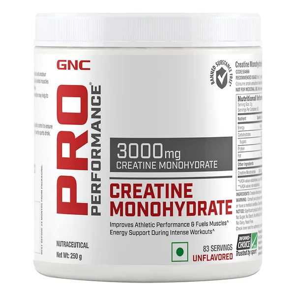 GNC PRO Performance Creatine Monohydrate 3000 mg Unflavored Powder, 250 gm, Pack of 1