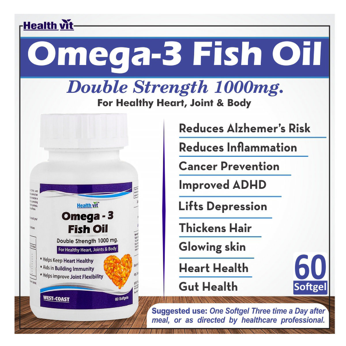 Healthvit Omega-3 Fish Oil 1000 mg, 60 Softgels, Pack of 1 Healthvit Omega-3 Fish Oil 1000 mg, 60 Softgels, Pack of 1