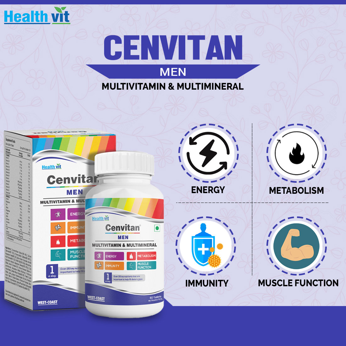 Healthvit Cenvitan Men Multivitamin & Multimineral, 60 Tablets, Pack of 1 Healthvit Cenvitan Men Multivitamin & Multimineral, 60 Tablets, Pack of 1