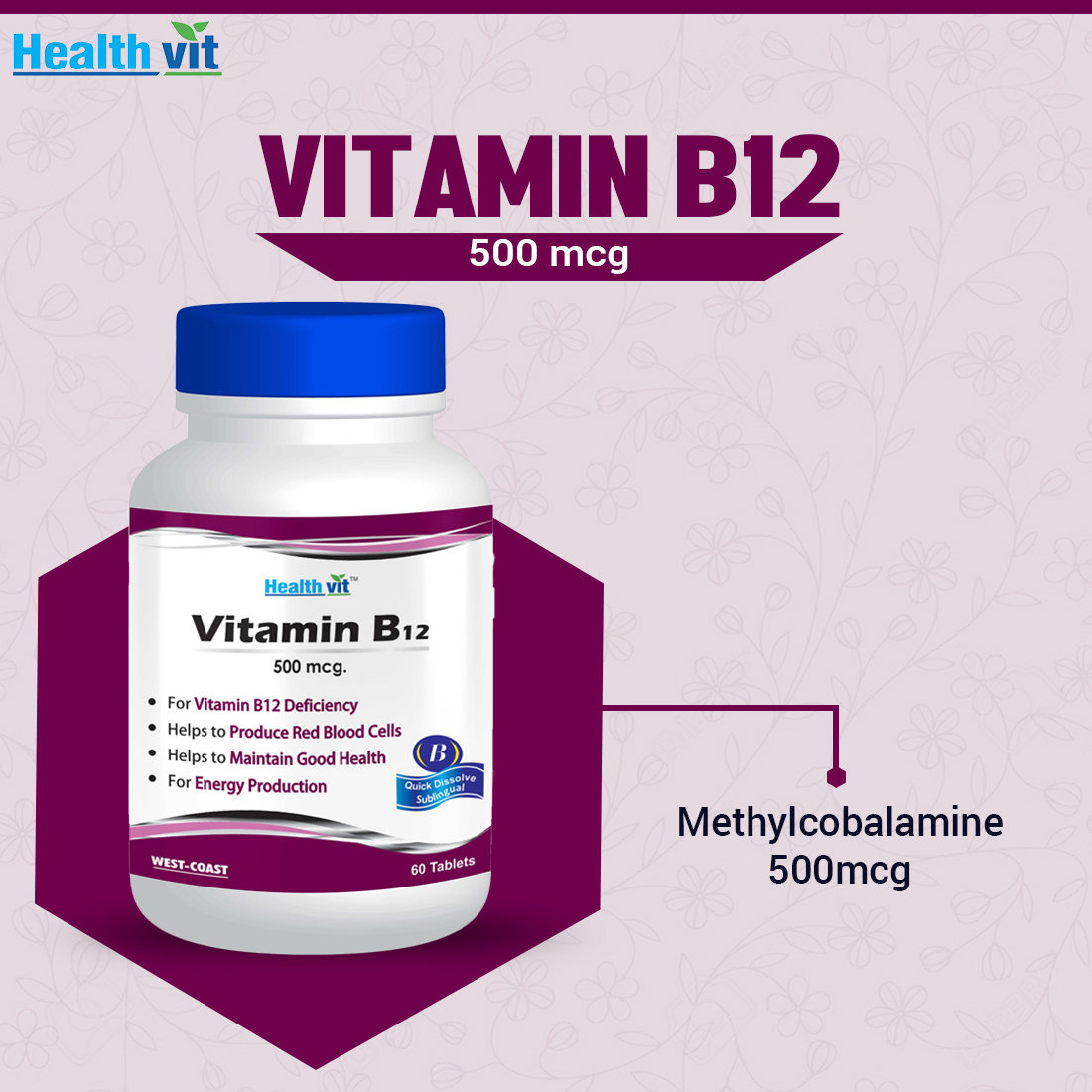 Healthvit Vitamin B12 500 mcg, 60 Tablets, Pack of 1 Healthvit Vitamin B12 500 mcg, 60 Tablets, Pack of 1