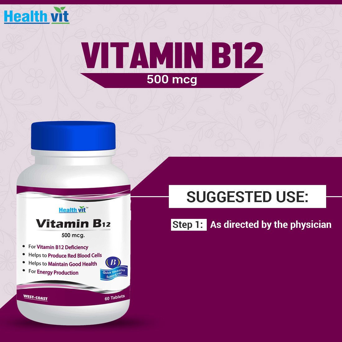 Healthvit Vitamin B12 500 mcg, 60 Tablets, Pack of 1 Healthvit Vitamin B12 500 mcg, 60 Tablets, Pack of 1