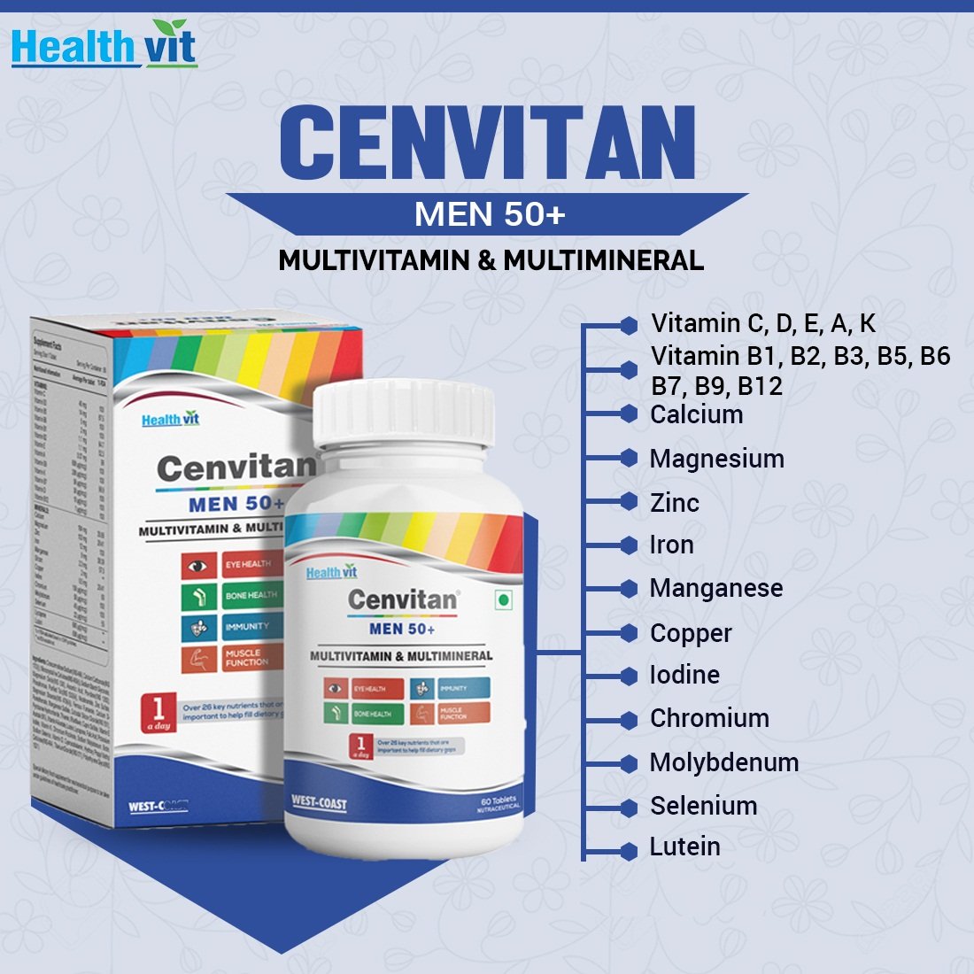 Healthvit Cenvitan Men 50+ Multivitamins & Multimineral, 60 Tablets, Pack of 1 Healthvit Cenvitan Men 50+ Multivitamins & Multimineral, 60 Tablets, Pack of 1