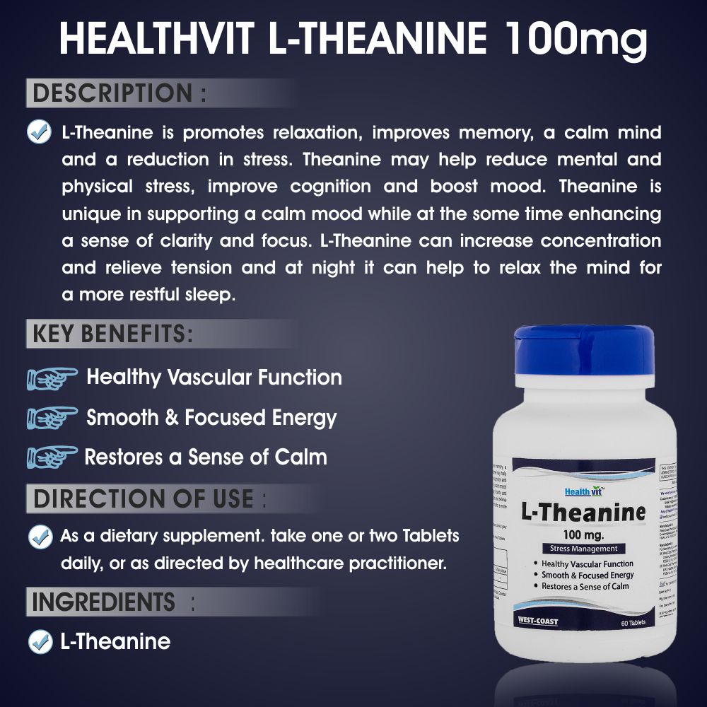 Healthvit L-Theanine 100 mg, 60 Tablets, Pack of 1 Healthvit L-Theanine 100 mg, 60 Tablets, Pack of 1