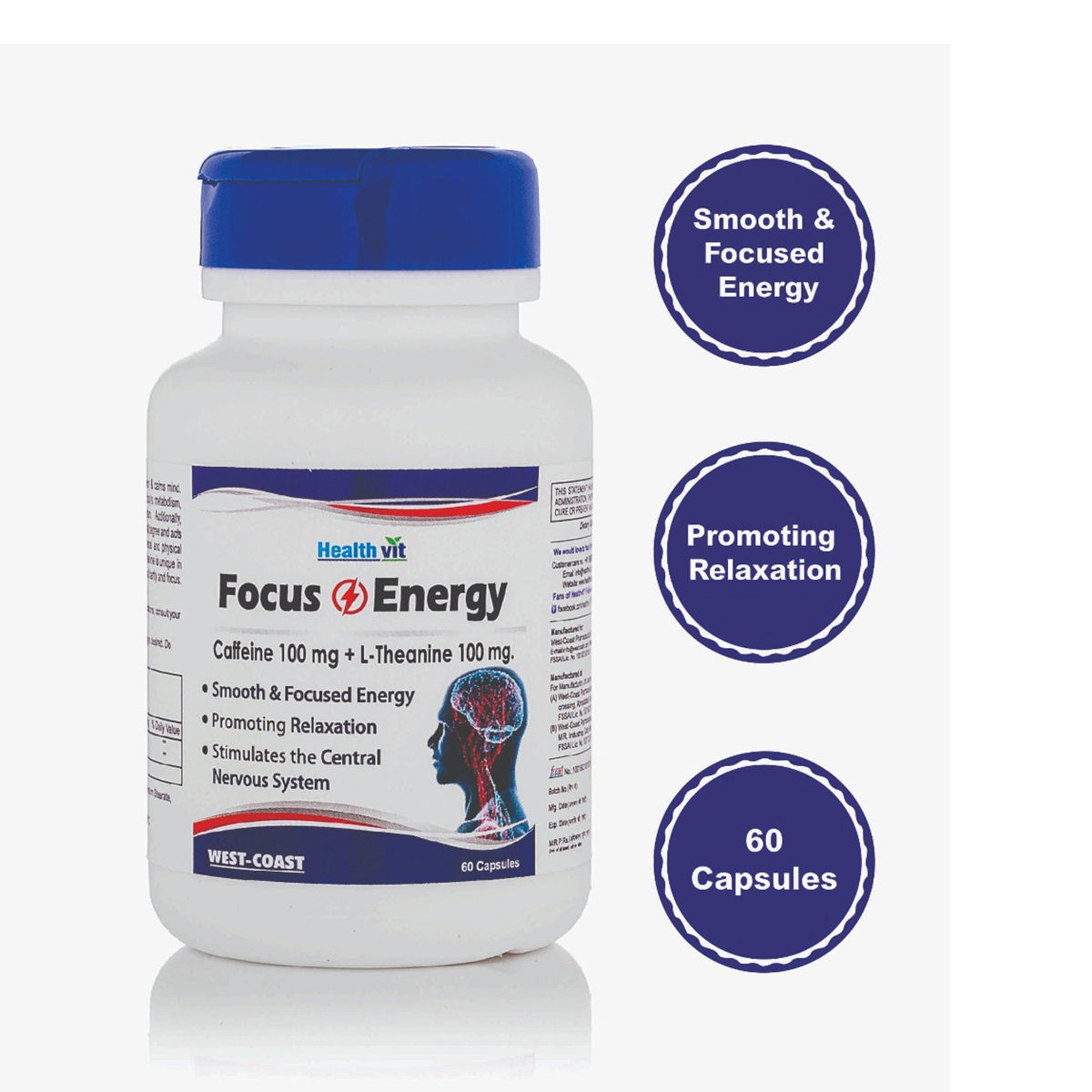 Healthvit Focus & Energy Caffeine 100 mg L-Theanine 100 mg, 60 Capsules, Pack of 1 