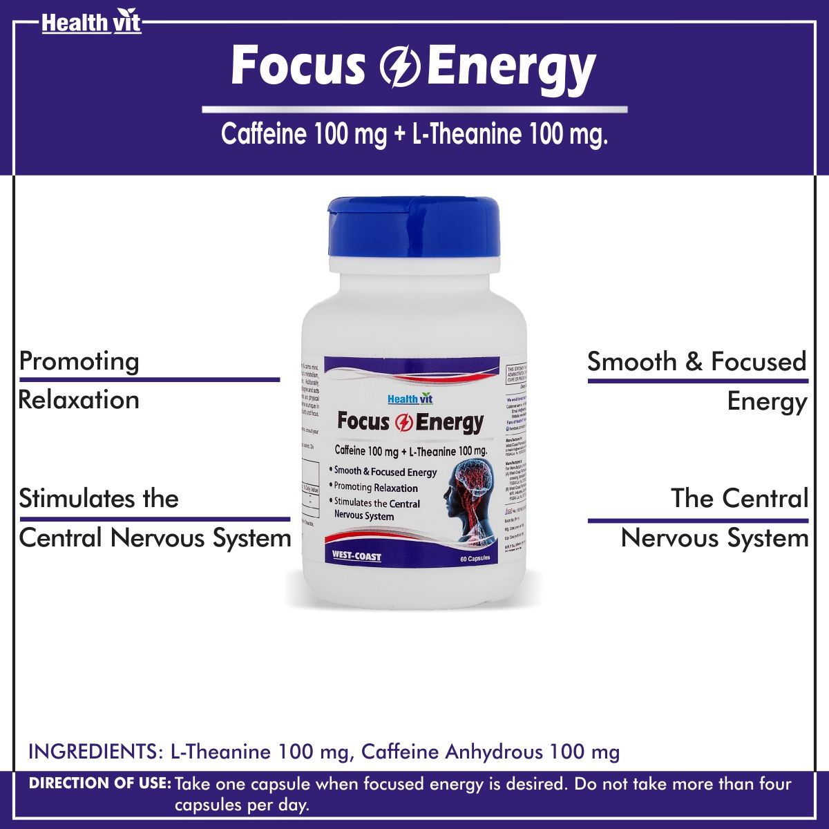 Healthvit Focus & Energy Caffeine 100 mg L-Theanine 100 mg, 60 Capsules, Pack of 1 