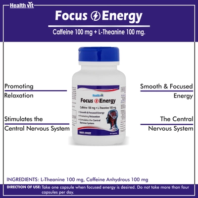 Healthvit Focus &amp; Energy Caffeine 100 mg L-Theanine 100 mg, 60 Capsules, Pack of 1