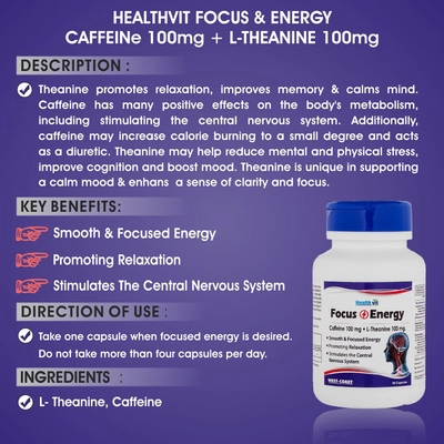 Healthvit Focus &amp; Energy Caffeine 100 mg L-Theanine 100 mg, 60 Capsules, Pack of 1