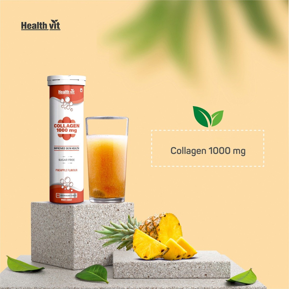 Healthvit Collagen 1000 mg Sugar Free Pineapple Flavour Effervescent, 10 Tablets, Pack of 1 Healthvit Collagen 1000 mg Sugar Free Pineapple Flavour Effervescent, 10 Tablets, Pack of 1
