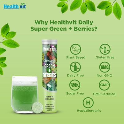 Healthvit Daily Super Green+Berries Effervescent, 10 Tablets, Pack of 1