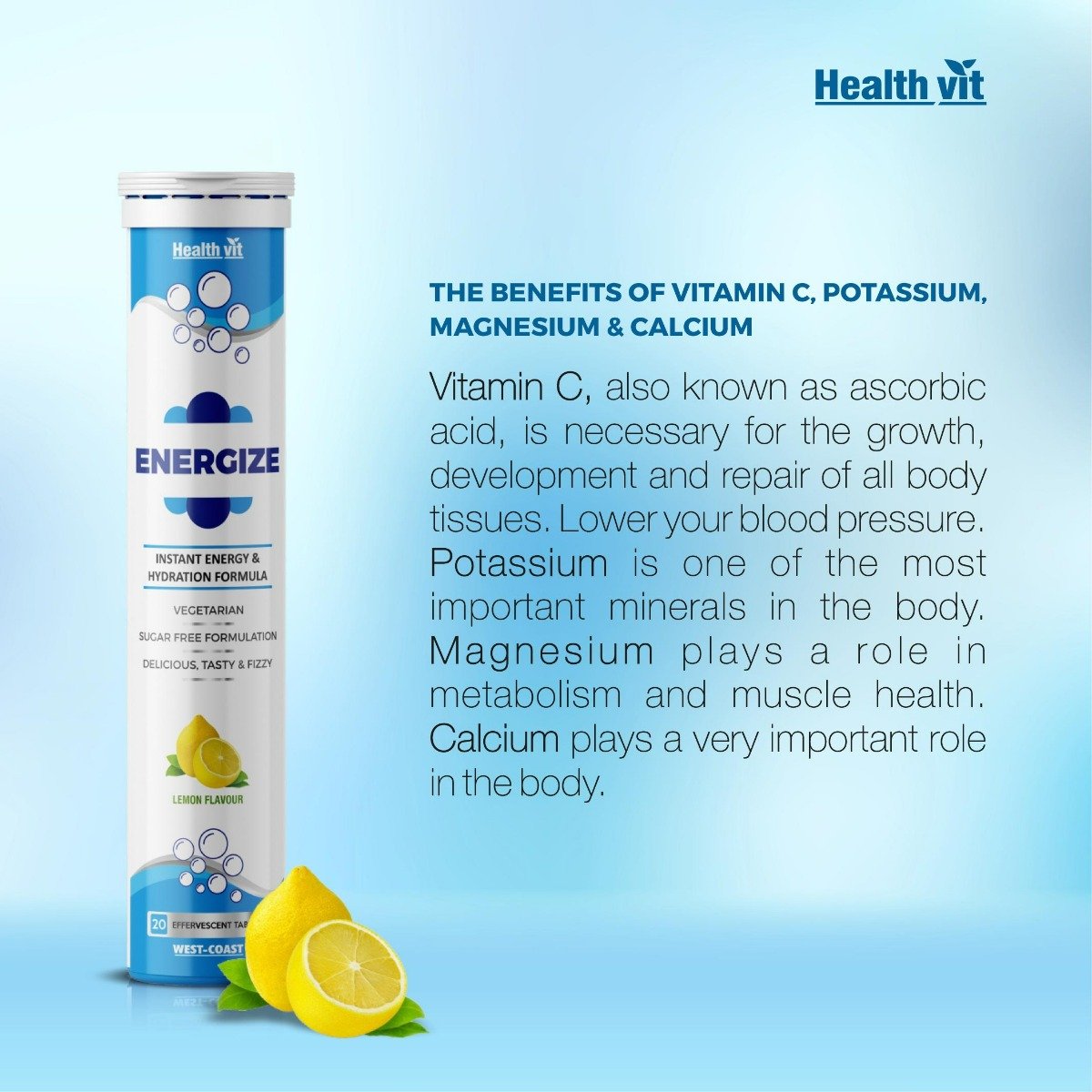 Healthvit Energize Instant Energy & Hydration Formula Lemon Flavour Effervescent, 20 Tablets, Pack of 1 Healthvit Energize Instant Energy & Hydration Formula Lemon Flavour Effervescent, 20 Tablets, Pack of 1