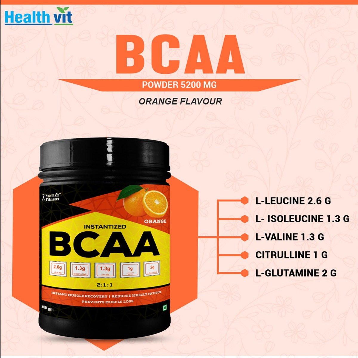 Healthvit Fitness Instantized BCAA 5200 mg Orange Flavour Powder, 200 gm, Pack of 1 Healthvit Fitness Instantized BCAA 5200 mg Orange Flavour Powder, 200 gm, Pack of 1