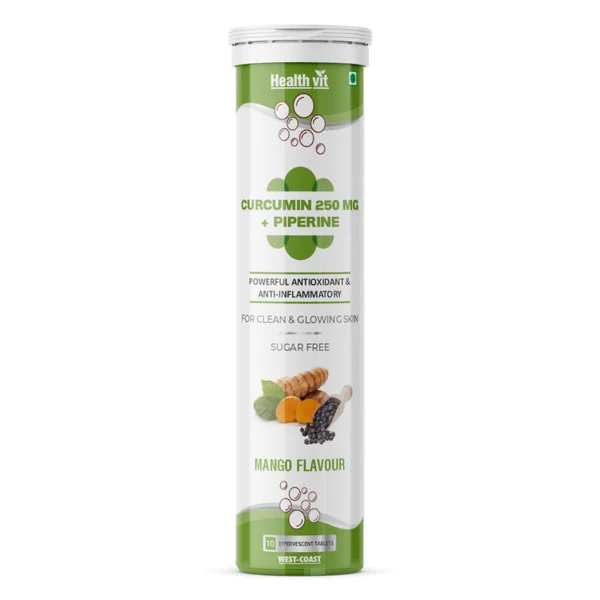 Healthvit Curcumin 250 mg + Piperine Sugar Free Mango Flavour Effervescent, 10 Tablets