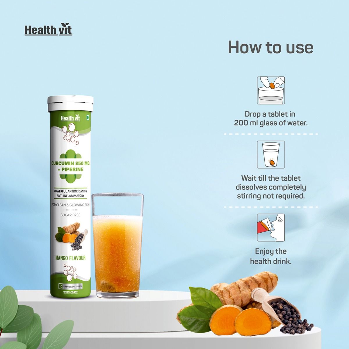 Healthvit Curcumin 250 mg + Piperine Sugar Free Mango Flavour Effervescent, 10 Tablets, Pack of 1 Healthvit Curcumin 250 mg + Piperine Sugar Free Mango Flavour Effervescent, 10 Tablets, Pack of 1