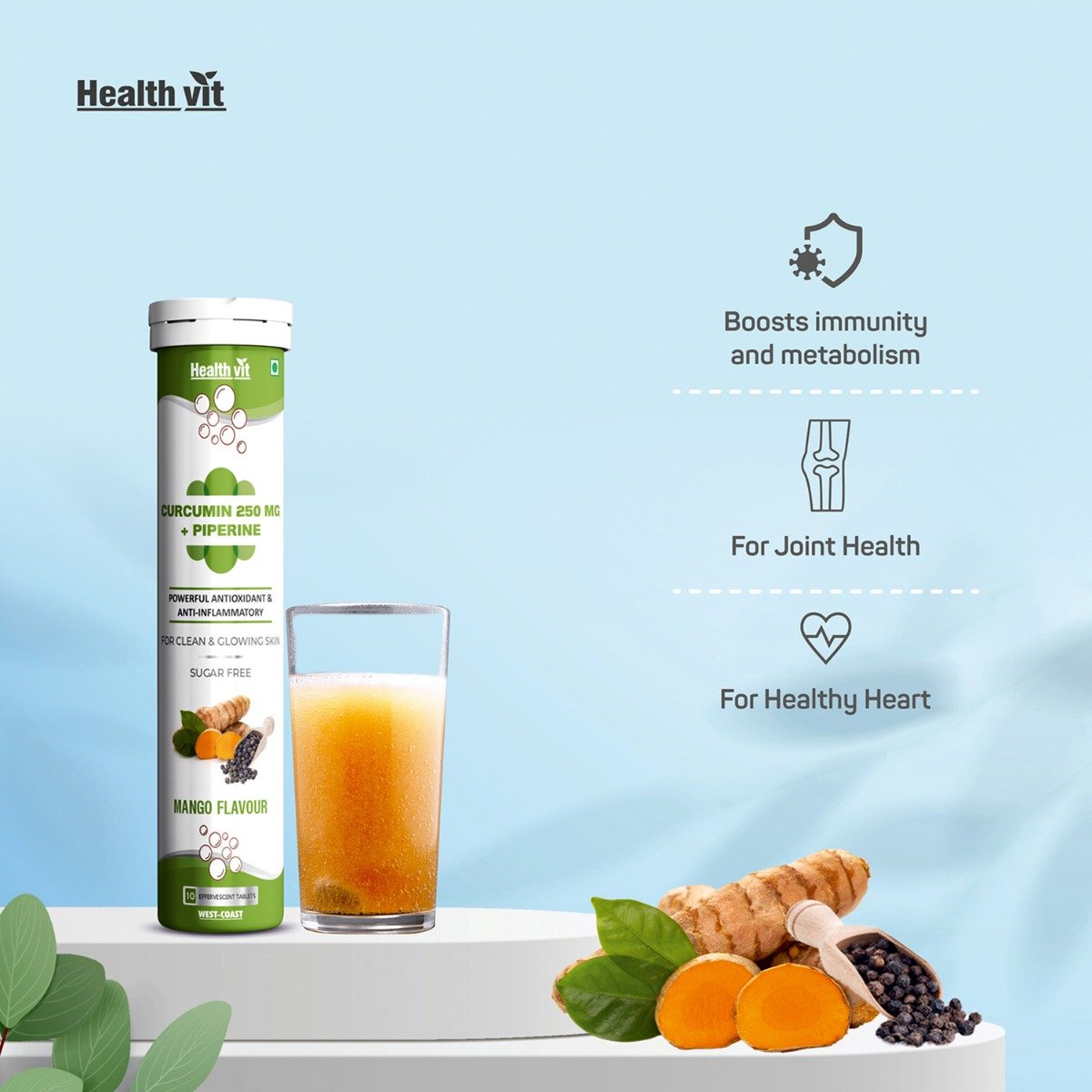 Healthvit Curcumin 250 mg + Piperine Sugar Free Mango Flavour Effervescent, 10 Tablets, Pack of 1 Healthvit Curcumin 250 mg + Piperine Sugar Free Mango Flavour Effervescent, 10 Tablets, Pack of 1