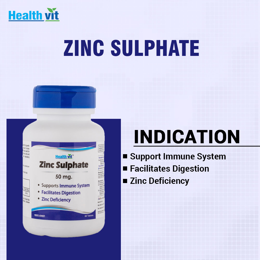 Healthvit Zinc Sulphate 50 mg, 60 Tablets, Pack of 1 Healthvit Zinc Sulphate 50 mg, 60 Tablets, Pack of 1