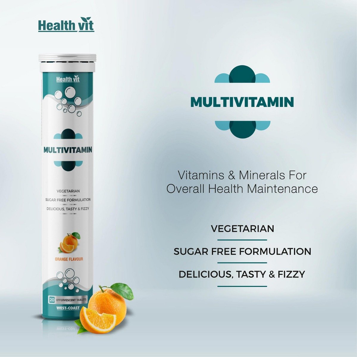 Healthvit Multivitamin Sugar Free Orange Flavour Effervescent, 20 Tablets, Pack of 1 Healthvit Multivitamin Sugar Free Orange Flavour Effervescent, 20 Tablets, Pack of 1