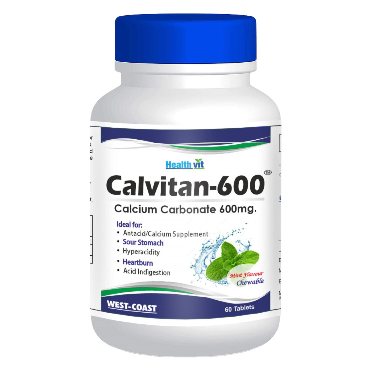 Buy Healthvit Calvitan-600 Calcium Carbonate 600 mg Mint Flavour Chewable, 60 Tablets Online