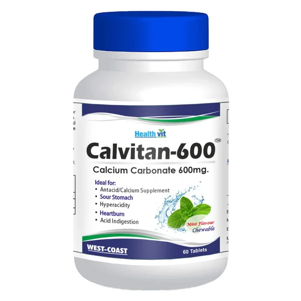 Healthvit Calvitan-600 Calcium Carbonate 600 mg Mint Flavour Chewable, 60 Tablets, Pack of 1