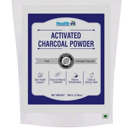 Healthvit Activated Charcoal Powder 100 gm | Pure Activated Charcoal | Support Skin Health | Treats Burn & Wound | For Internal Detoxifiaction | Teeth Whitening Charcoal Powder For Strong & Clean Teeth
