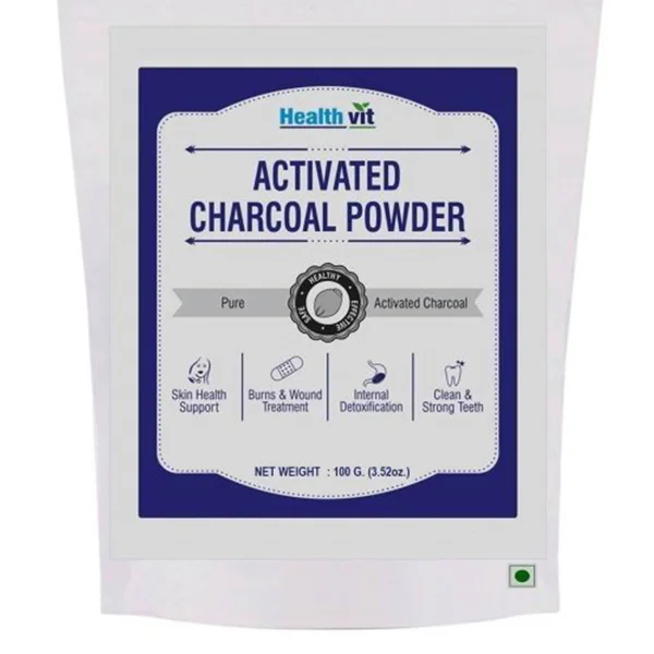 Healthvit Activated Charcoal Powder 100 gm | Pure Activated Charcoal | Support Skin Health | Treats Burn &amp; Wound | For Internal Detoxifiaction | Teeth Whitening Charcoal Powder For Strong &amp; Clean Teeth, Pack of 1