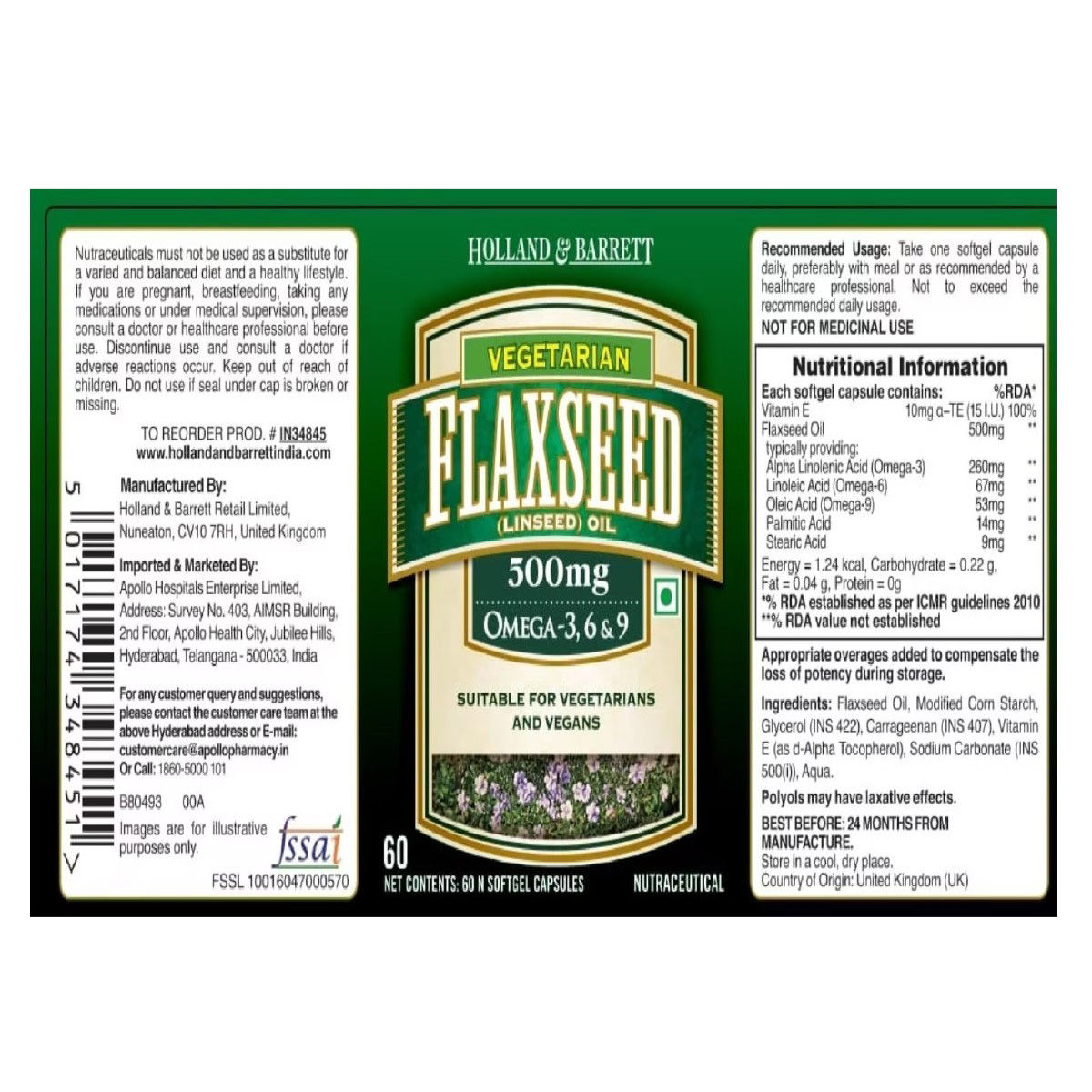 Holland & Barrett Flaxseed Omega369 500 mg, 60 Capsules Price, Uses
